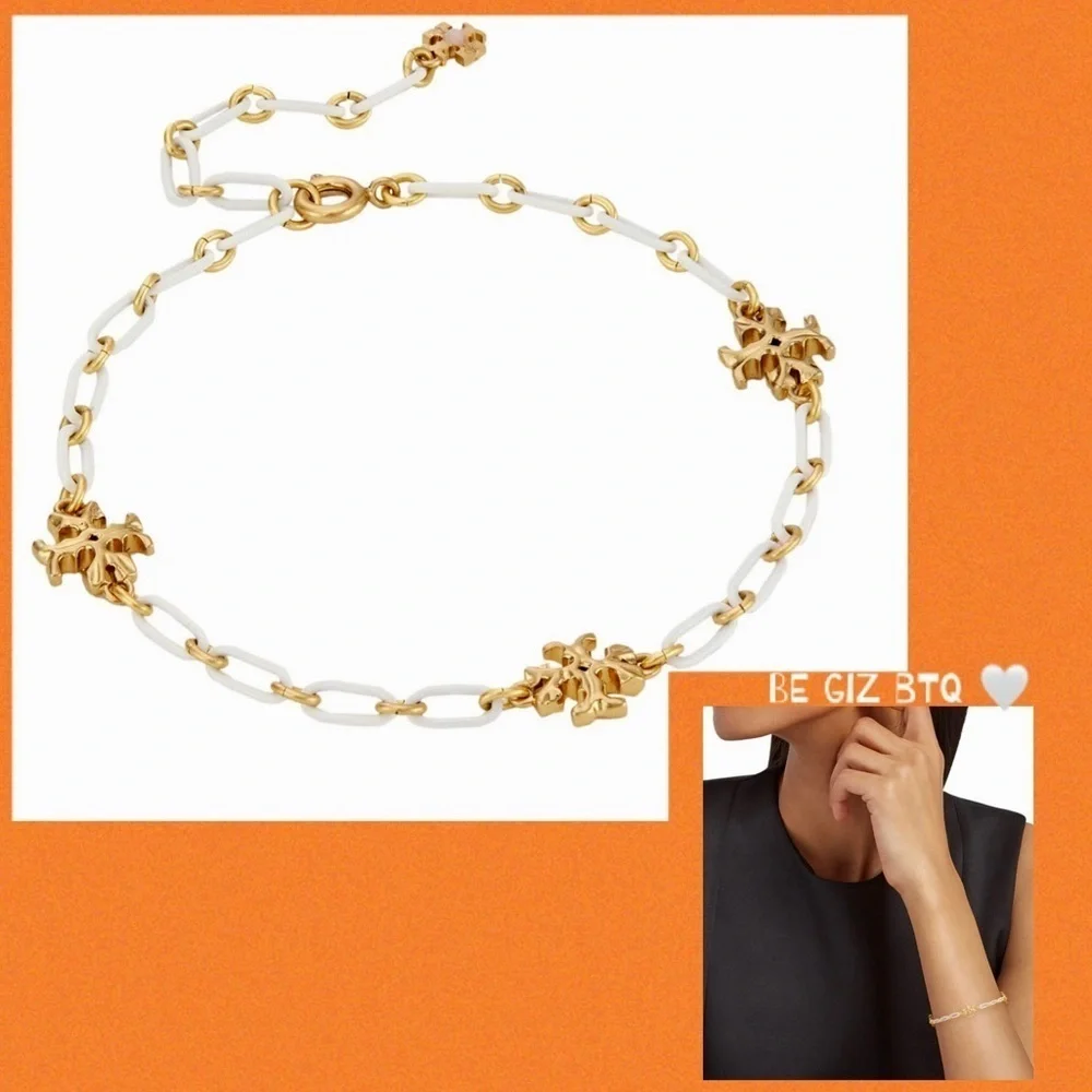 🆕Tory Burch Authentic Roxanne Gold-Plated & Ivory Acrylic Logo Chain Bracelet